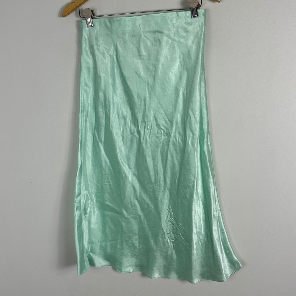 Aritzia‎ Babaton Slip Satin Skirt Mint Green Size 8 Elastic Waist Bias Cut Midi - Picture 3 of 11